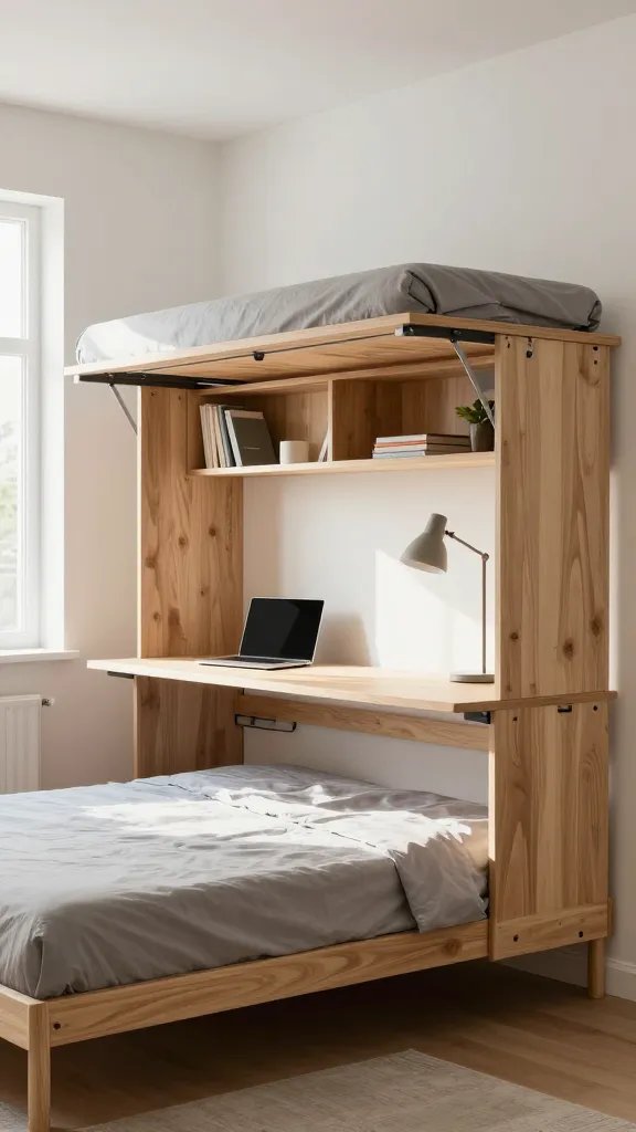 A modern minimalist apartment interior showing a sleek fold-down wall desk bed in mid-transformation, photographed from a side angle with the Murphy-style bed platform partially lowered from the white wall, revealing both the functional desk surface with a laptop and desk lamp still mounted on the upper shelving unit and the hidden mattress beneath, natural daylight streaming through a nearby window, Scandinavian-style light wood finish, compact urban living space with geometric wall-mounted shelves holding books and small plants above the mechanism, warm neutral color palette with gray bedding, contemporary hardware and gas-lift mechanisms visible, photographed in crisp architectural photography style with shallow depth of field