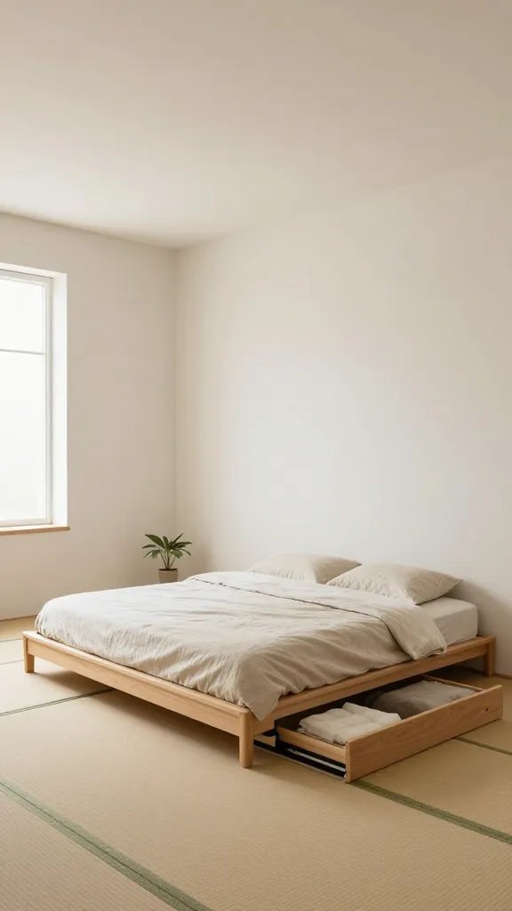 A serene bedroom featuring a low Japanese tatami-style platform bed in light natural wood, positioned just inches off the floor with one sliding storage compartment partially open revealing neatly organized linens inside, shot from a 45-degree elevated angle showing the bed's minimal height against tall white walls that emphasize the spacious ceiling height, soft natural lighting streaming through a side window, neutral beige and cream color palette with a simple linen duvet, minimalist decor with a small potted plant on the floor nearby, warm wood tones contrasting against pale walls, architectural photography style showcasing the clean lines and space-saving design of the hidden storage system beneath the platform