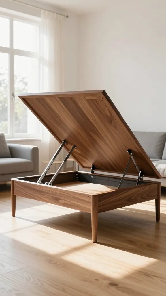 A modern convertible coffee-to-dining table shown in mid-transformation in a bright studio apartment, with the sleek wooden tabletop partially raised at a 45-degree angle revealing chrome hydraulic lift mechanisms underneath, photographed from a low three-quarter angle, natural afternoon sunlight streaming through large windows creating soft shadows on light oak flooring, minimalist Scandinavian interior with a gray sofa visible in the background, the table's surface displaying a rich walnut finish with clean lines and contemporary metal legs, ultra-realistic architectural photography style, shallow depth of field, 4K quality