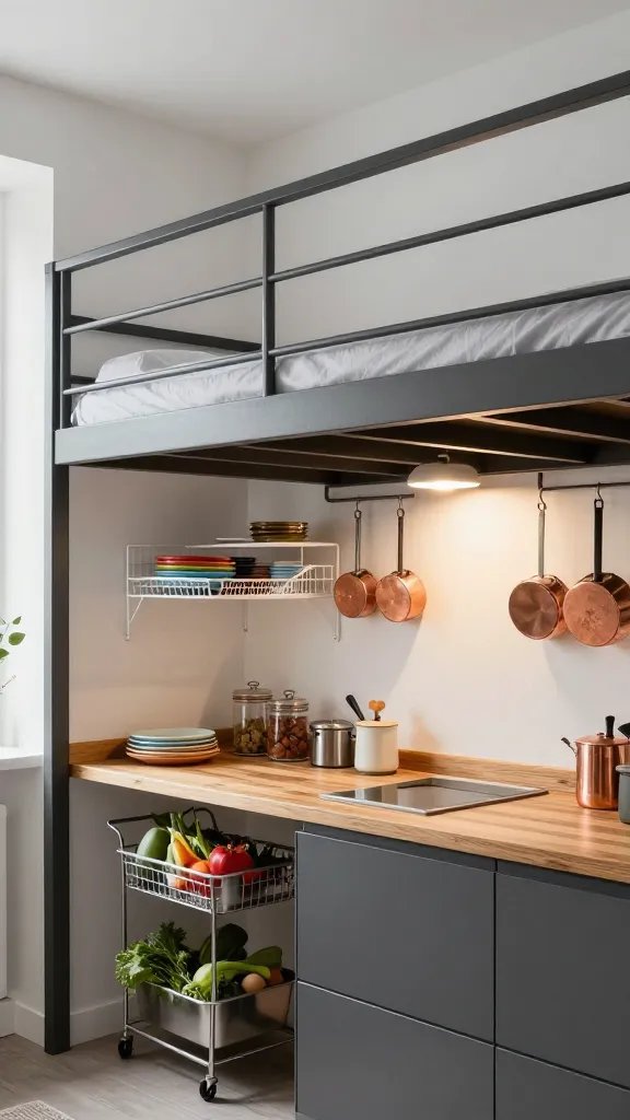 A modern studio apartment interior showing a raised loft bed with dark charcoal gray metal frame positioned above a compact kitchen extension area, underneath features a wooden butcher block countertop with meal prep items, white wire shelving units filled with colorful dishes and glass pantry jars, a stainless steel rolling cart with fresh vegetables, copper pots hanging from hooks attached to the loft bed frame, warm pendant lighting illuminating the workspace, shot from a side angle showing both the elevated bed platform and the functional kitchen zone below, Scandinavian minimalist design aesthetic with natural wood tones and white walls, professional interior photography with natural window light
