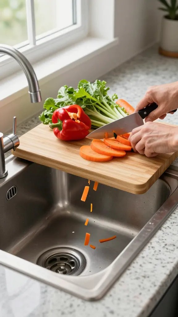A modern kitchen scene photographed from a 45-degree angle showing a bamboo over-the-sink cutting board positioned across a stainless steel sink, with fresh colorful vegetables including red bell peppers, carrots, and leafy greens being chopped on top, vegetable scraps visible falling through a circular hole in the board into the sink below, bright natural window light illuminating the workspace, granite countertops visible on either side, realistic home kitchen setting with a chef's knife mid-action, professional food photography style, sharp focus, high resolution