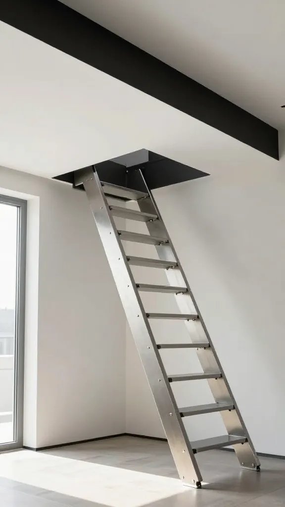 A modern minimalist interior shot showing a sleek retractable attic ladder stairs in the closed position, flush against a white ceiling with a barely visible matte black trim panel, taken from a low angle in a contemporary small apartment living room with clean lines, natural daylight streaming through a nearby window, highlighting the seamless integration of the folded staircase into the ceiling, brushed nickel hardware details catching the light, creating subtle shadows on the ceiling surface
