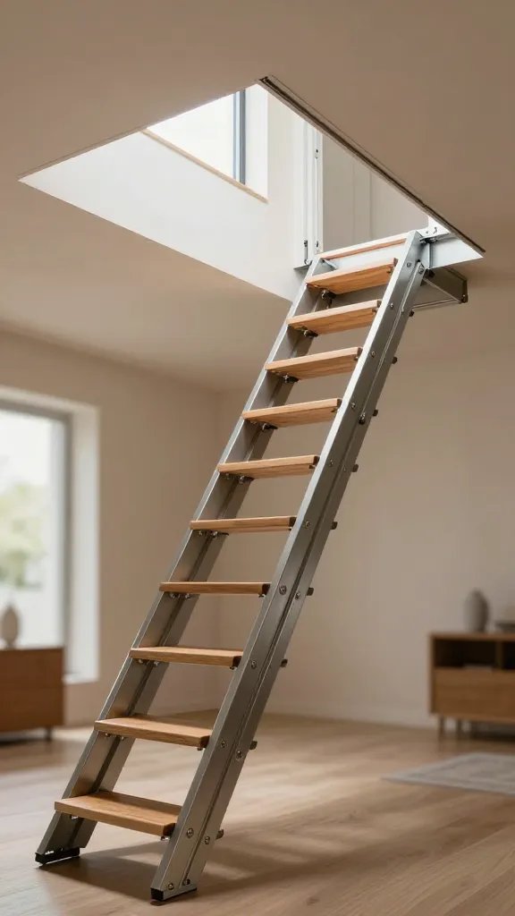 A high-angle interior photograph of modern folding attic stairs in mid-deployment, showing the accordion-style segmented steps partially extended downward from an open ceiling hatch, captured in a contemporary home with soft natural lighting from a nearby window, the metallic handrails gleaming as they unfold alongside wide wooden treads, visible slow-descent spring mechanism on the side, the insulated white hatch door open against warm beige ceiling, shot from a three-quarter view to showcase the engineering of the folding sections, shallow depth of field with the stairs in sharp focus against a softly blurred minimalist hallway below