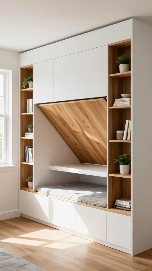A modern Murphy bed halfway folded up into a white wall unit revealing integrated wooden shelving on both sides filled with books, plants, and decorative items, with a sleek desk surface visible beneath the bed frame, photographed from a side angle in a bright contemporary tiny home bedroom with natural morning light streaming through a nearby window, hardwood floors visible, showcasing the space-saving transformation with warm oak shelving contrasting against crisp white cabinetry