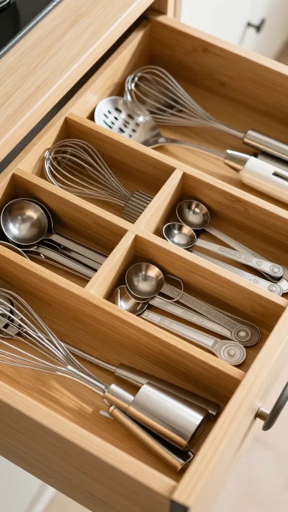 A high-quality overhead photograph of an organized kitchen drawer with bamboo dividers creating neat compartments, featuring silverware separated by type in some sections, cooking utensils like whisks and spatulas standing upright in others, and small kitchen gadgets like measuring spoons and can openers in designated spots, shot with natural lighting casting soft shadows, warm wood tones contrasting with silver utensils, shallow depth of field focusing on the front sections while slightly blurring the back, showcasing the transformation from chaos to order in a typical home drawer