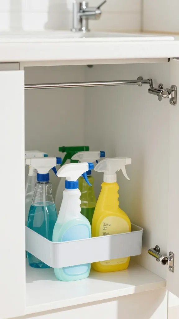 A bright modern kitchen cabinet interior viewed from the front, showing chrome tension rods installed under a white sink holding neatly organized colorful spray bottles by their triggers, with cleaning supplies arranged in an orderly manner, natural daylight streaming in creating soft shadows, shallow depth of field, professional home organization photography style, clean minimalist aesthetic with pastel-colored bottles in blues, greens and yellows against white cabinet walls