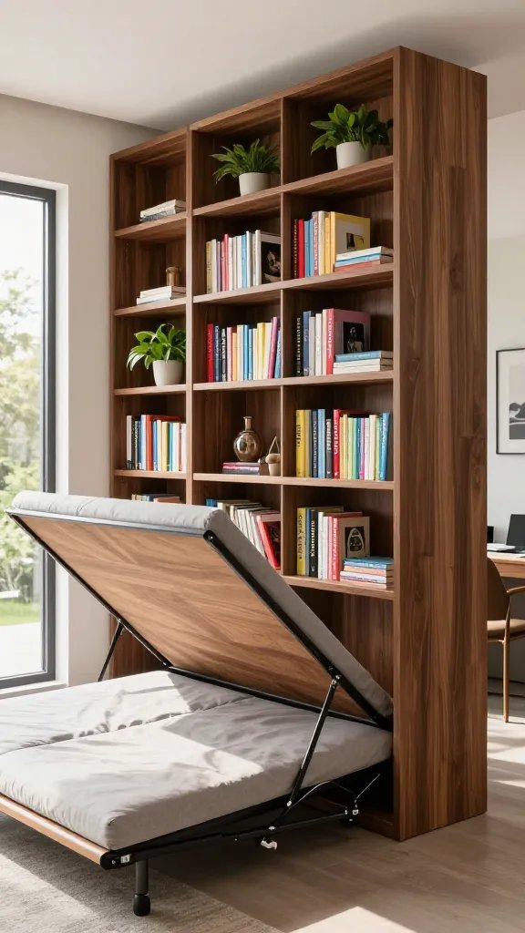 A modern living room with an elegant floor-to-ceiling bookshelf unit in rich walnut wood, photographed from a three-quarter angle showing the Murphy bed partially folded down from behind the bookshelf, revealing the hidden sleeping mechanism, functional shelves filled with colorful books, potted green plants, and decorative objects remain attached to the front panels, natural daylight streaming through nearby windows, contemporary home office visible in the background, realistic photography with sharp focus on the innovative dual-purpose furniture design, professional interior design photography