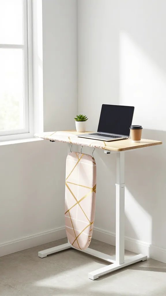 A bright, modern small apartment corner showing a repurposed ironing board transformed into a stylish standing desk, covered with contemporary geometric patterned fabric in soft blush pink and gold tones, topped with a sleek light wood board surface, holding a laptop, small potted succulent, and coffee cup, positioned at standing height near a white wall with natural morning light streaming through a nearby window, shot from a 45-degree angle, professional interior photography style with shallow depth of field