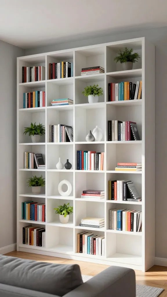 A modern minimalist living room photographed at a slight angle showcasing a pristine white floor-to-ceiling bookshelf against a light gray wall, filled with a curated mix of colorful book spines, small potted green plants, and ceramic decorative objects with intentional gaps of empty space between items, natural sunlight streaming in from the side creating subtle shadows that emphasize the vertical lines, warm wood flooring visible at the base, part of a contemporary gray sofa in the foreground, shot in high-resolution architectural photography style with shallow depth of field