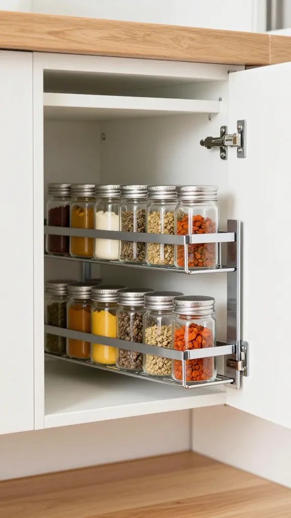 A bright, well-lit kitchen photograph showing the inside of an open white cabinet door with a sleek chrome-mounted spice rack filled with various glass spice jars with colorful spices visible inside, shot from a three-quarter angle. The spice rack is installed on the interior of the cabinet door using mounting brackets, with the empty cabinet shelves visible in the background showing freed-up space. Natural daylight illuminates the organized rows of uniform spice containers, with warm wood countertops partially visible at the bottom of the frame. The image has a clean, modern aesthetic with shallow depth of field focusing on the middle row of spices.