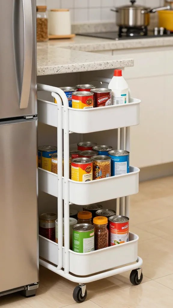 A high-quality photograph of a slim white rolling storage cart being pulled out from a narrow gap between a stainless steel refrigerator and granite countertop in a modern kitchen, shot from a 45-degree angle showing the cart's wheels and multiple tiers filled with colorful canned goods, spice jars, and cleaning supplies, with warm natural lighting highlighting the efficient use of the tight 4-inch space, realistic depth of field with the kitchen background slightly blurred