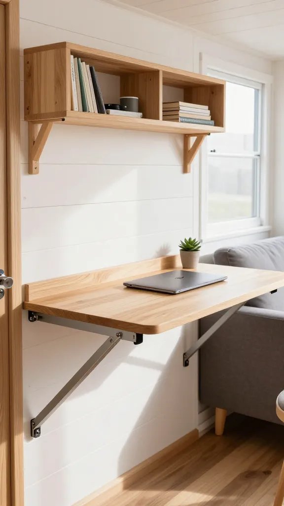 A bright Scandinavian-style tiny home interior showcasing a sleek wooden wall-mounted folding desk in the open position, captured from a side angle, with a minimalist laptop and small potted succulent on the work surface, light wood finish against a white shiplap wall, built-in narrow shelving visible above the desk holding books and office supplies, natural daylight streaming through a nearby window casting soft shadows, the desk's metal folding mechanism clearly visible, cozy living space elements like a grey fabric sofa partially visible in the background, warm and inviting atmosphere with modern minimalist aesthetic