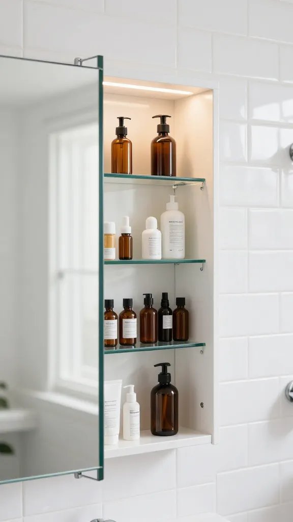 A modern recessed medicine cabinet with its mirrored door opened halfway, revealing three adjustable glass shelves inside stocked with neatly organized toiletries, amber prescription bottles, and skincare products, mounted in a white subway-tiled bathroom wall, with soft LED lighting illuminating the cabinet's interior, chrome fixtures visible, photographed at a 45-degree angle showing both the exterior mirror surface and the organized storage within, bright natural lighting, shallow depth of field, contemporary minimalist aesthetic