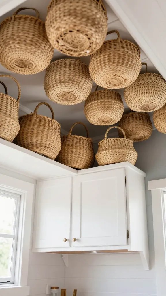 A bright modern tiny home kitchen interior photographed from a low angle looking upward, showcasing the space between white upper cabinets and the ceiling filled with neatly arranged woven seagrass baskets in natural tones, the baskets are uniform in size and style creating an organized appearance, soft natural light illuminates the scene through a nearby window, the cabinets below are crisp white with brushed nickel hardware, a glimpse of pale blue-gray walls and light wood countertops visible in the frame, realistic home interior photography style with shallow depth of field, warm and inviting ambiance, 4K resolution, professional real estate photography aesthetic