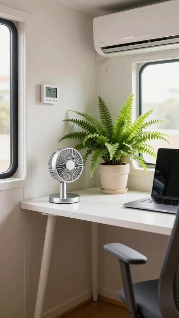 A bright, modern tiny home office setup photographed from a side angle, featuring a compact white desk positioned strategically away from a wall-mounted air conditioning unit, with a sleek silver personal desk fan on one corner and a thriving Boston fern plant in a cream ceramic pot on the desk beside a laptop, soft natural light streaming through a nearby window illuminating the space, a small digital thermometer displaying 71°F mounted on the wall, warm wood flooring, organized workspace with minimal clutter, professional photography style with shallow depth of field focusing on the desk fan and plant, comfortable ergonomic chair partially visible, cozy yet productive atmosphere with excellent air circulation indicators like gently moving plant leaves