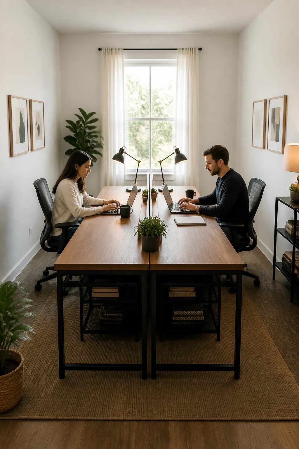 A bright, modern home office with two identical wooden desks pushed together lengthwise to form one long workspace, with two people sitting face-to-face across from each other working on laptops, positioned in a narrow room with white walls, natural light streaming through a window, matching desk chairs, minimal clutter, organized desk accessories, a few plants, symmetrical arrangement creating a coworking coffee shop atmosphere, shot from a slightly elevated angle to show the full layout, professional interior photography style, clean and balanced composition