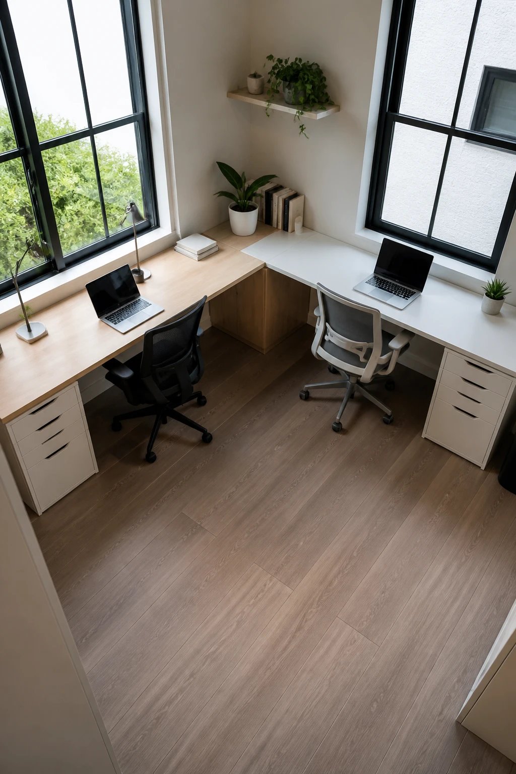 A realistic overhead view photograph of an L-shaped two-desk office setup in a small corner space, featuring two separate desks positioned perpendicular to each other along adjacent walls forming an L-configuration, modern minimalist desk designs in light wood or white finish, ergonomic office chairs, laptops and desk accessories on both workstations, good natural lighting from windows, the center of the room remains open and spacious, clean and organized workspace, professional home office interior, high-quality architectural photography style