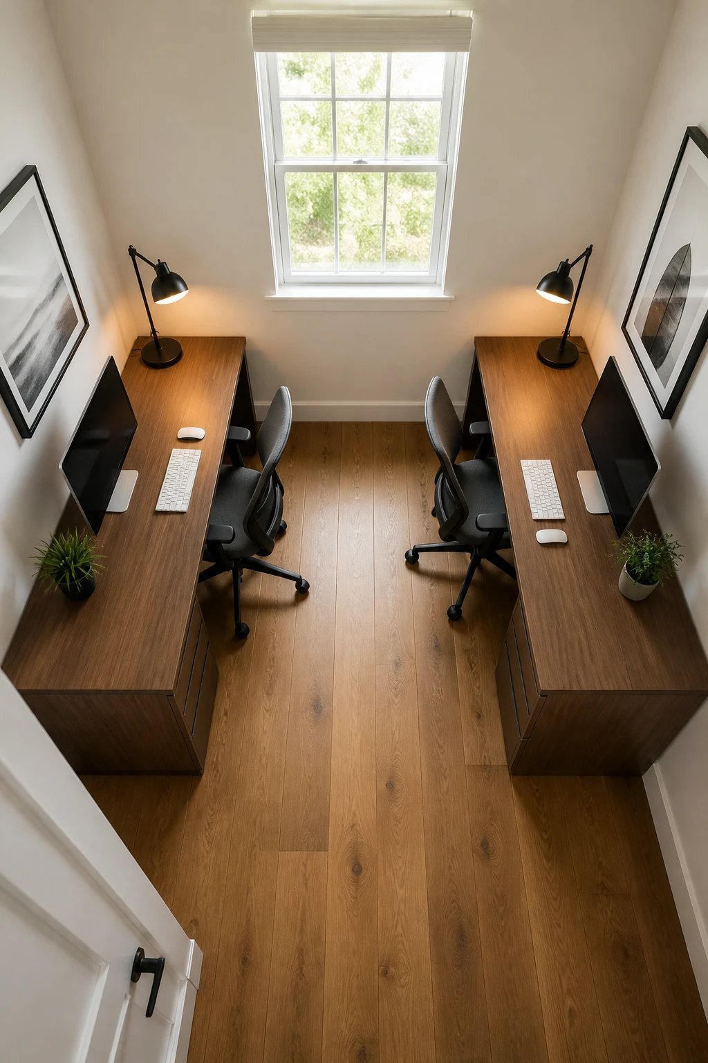 A bird's eye view photograph of a small modern home office with two identical desks positioned parallel to each other along opposite walls, creating a symmetrical layout. Each desk faces its respective wall with a comfortable office chair, desktop computer setup, and minimal desk accessories. The compact 10x10 foot room features light-colored walls, hardwood flooring, and matching desk lamps, demonstrating efficient use of space with clear walkway down the center. Natural light streams in from a window, and the organized arrangement creates visual balance and an uncluttered, functional workspace atmosphere. Professional interior photography style with clean lines and contemporary minimalist design.