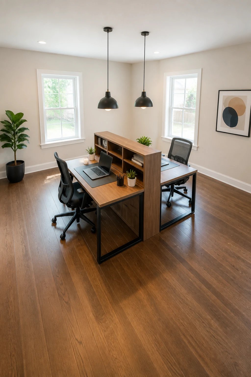 A modern home office interior featuring two small desks pushed together back-to-back in the center of the room creating a floating island workspace, photographed from a slightly elevated angle showing the complete setup, two ergonomic office chairs facing opposite directions, laptops and desk accessories on both workstations, pendant lights hanging above the central desk island, empty wall space around the perimeter emphasizing the freestanding nature of the setup, hardwood flooring, natural light from windows, minimalist contemporary design, professional interior photography, bright and airy atmosphere, 10x12 foot room dimensions visible in frame