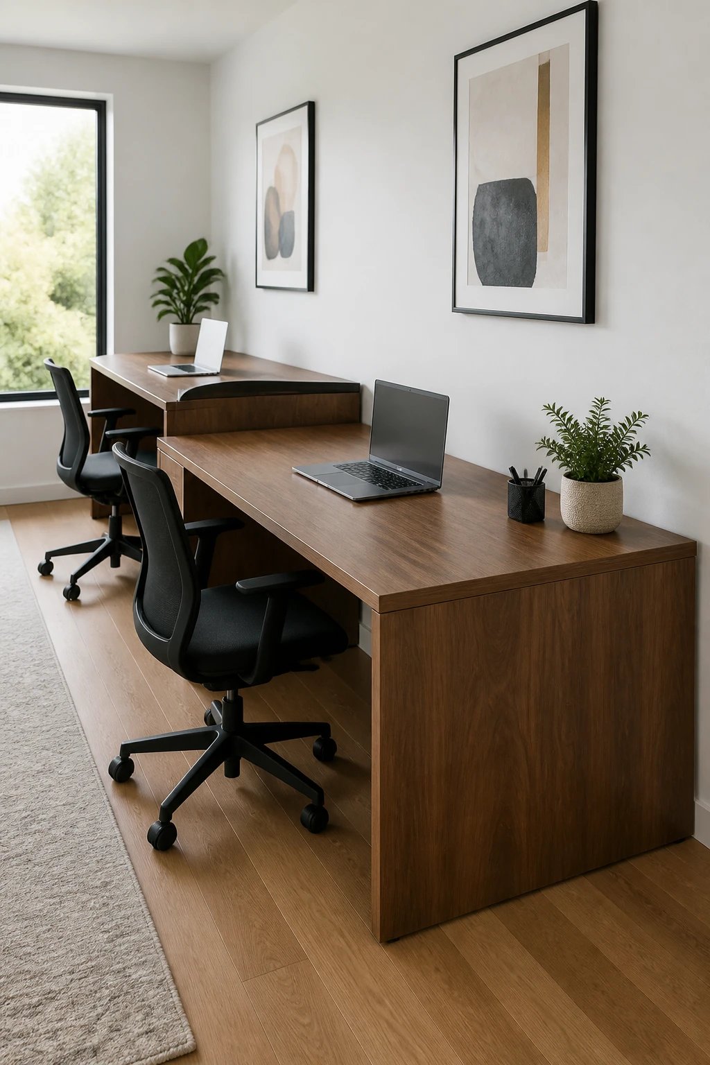 A modern home office interior featuring two identical wooden desks arranged in a staggered formation along a white wall, with one desk offset 12-18 inches forward from the other creating a stepped effect, shot from a three-quarter angle to showcase the dimensional depth and asymmetric placement, bright natural lighting from a nearby window, minimalist office chairs at each desk, small potted plants and laptops on the desk surfaces, light hardwood flooring, clean contemporary aesthetic, professional interior photography style with sharp focus and shallow depth of field