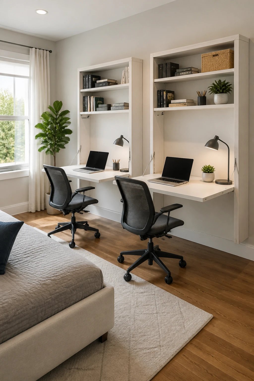 A bright, modern small room showing two sleek wall-mounted Murphy desks in the fold-down position side by side, with clean white or light wood finish, each desk displaying a minimalist laptop and small desk lamp, built-in shelving compartments visible above the desks holding books and office supplies, desks attached to a light-colored wall, contemporary ergonomic chairs tucked under each desk, natural light streaming through a nearby window, hardwood flooring, guest room elements like a partially visible daybed in the corner, demonstrating functional dual-purpose space, professional interior design photography style, sharp focus, well-lit composition