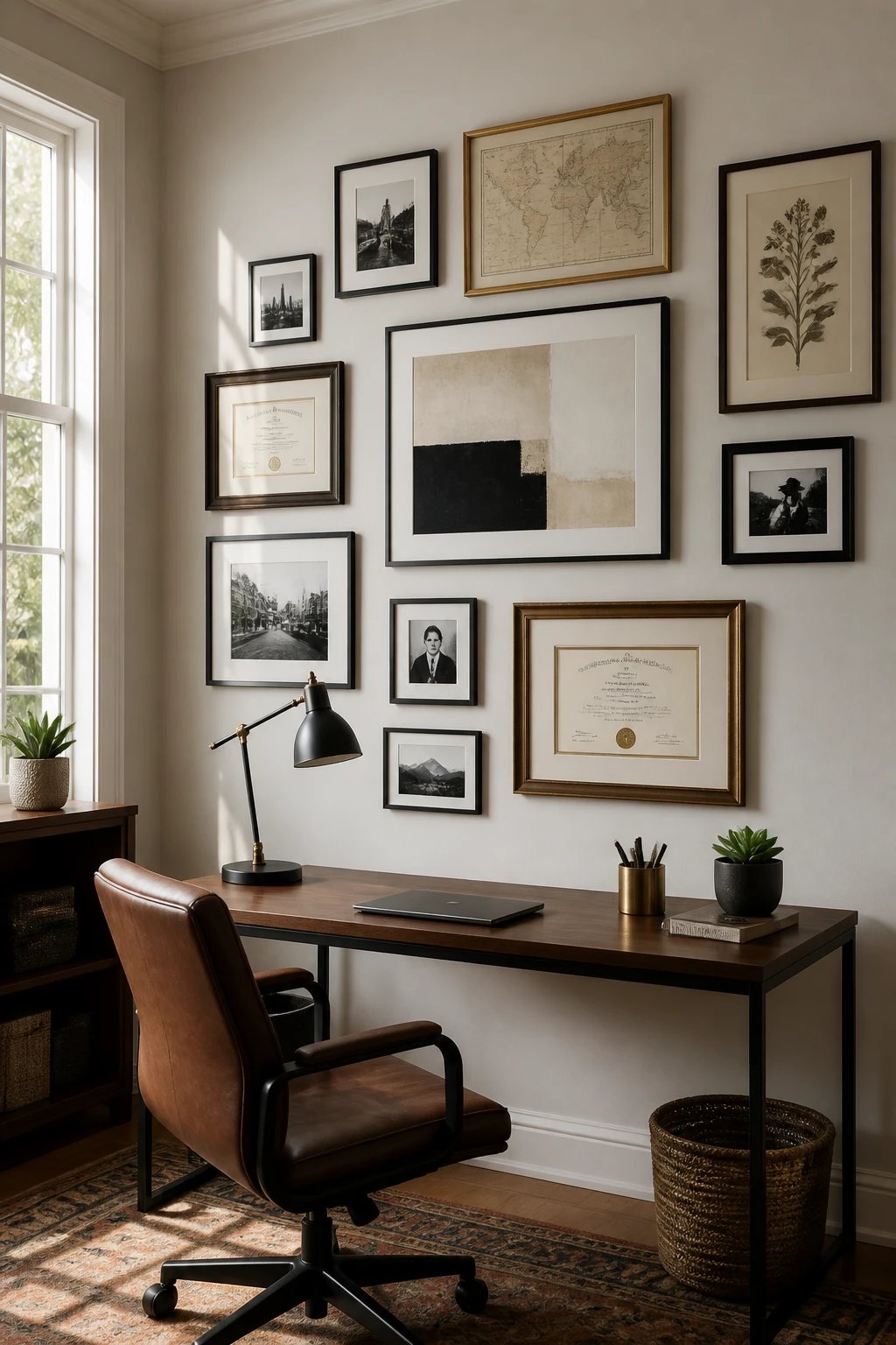 A sophisticated small home office featuring a carefully curated gallery wall above a minimalist desk, showcasing an artful mix of black and white personal photographs in various frame sizes, abstract art prints, framed university degrees and certifications, a vintage botanical illustration, and an antique map, all arranged in an asymmetric but balanced layout with generous white wall space between frames, natural morning light streaming through a nearby window illuminating the polished workspace, modern desk lamp, leather desk chair, and a few tasteful accessories like a potted succulent and brass pen holder, shot from a slight angle to capture both the gallery wall and workspace, professional interior photography style with warm natural tones