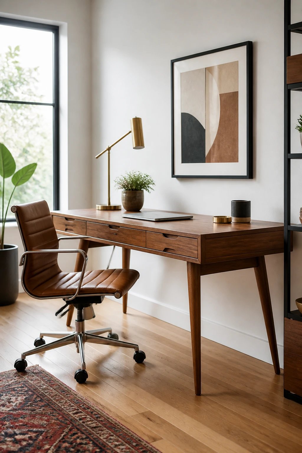 A sophisticated small home office featuring a striking mid-century modern walnut desk with tapered legs as the statement piece, positioned against a white wall with natural light streaming through a nearby window, complemented by a sleek leather office chair, minimal desk accessories including a brass lamp and small potted plant, light hardwood flooring, and subtle personal touches like a framed artwork, photographed in a clean, contemporary interior design style with professional lighting