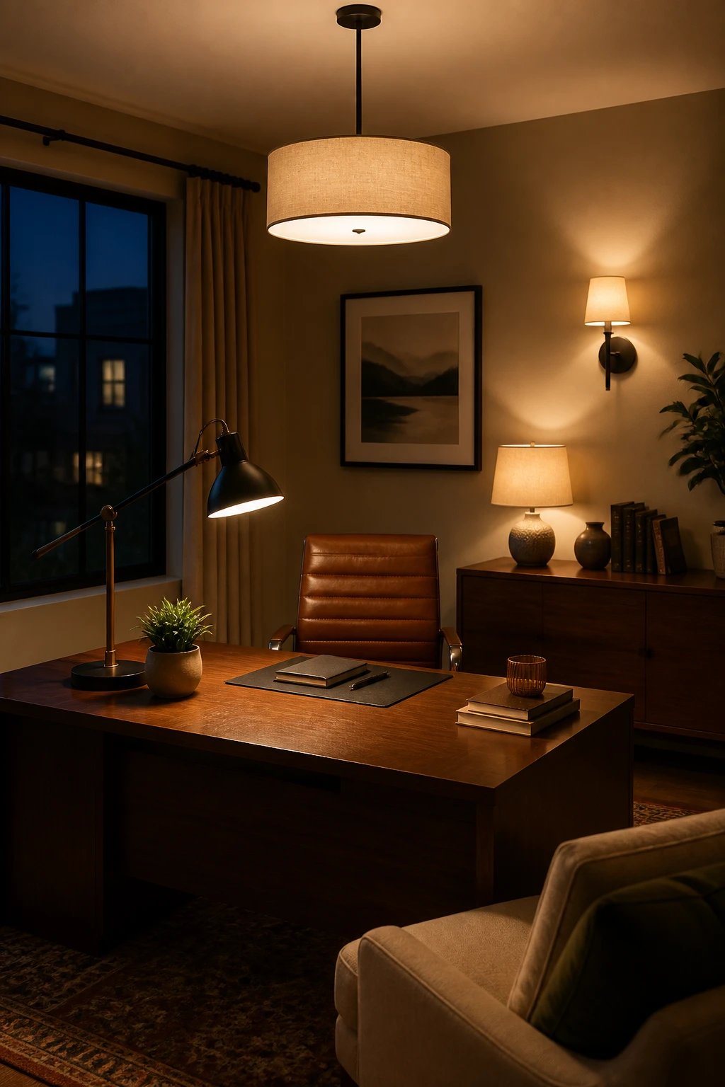 A professionally styled small office workspace showcasing layered lighting design with three distinct light sources: a modern ceiling pendant light providing ambient overhead illumination, an elegant adjustable desk lamp positioned over a work surface casting focused task lighting, and subtle accent lighting from a small table lamp or wall sconce on a credenza in the background. The office features a polished wooden desk with personal touches like a plant and notebooks, warm neutral color palette, and the different lighting layers create depth and ambiance at various heights throughout the space. Shot during evening hours to show all lighting sources actively illuminating the cozy, sophisticated home office environment.