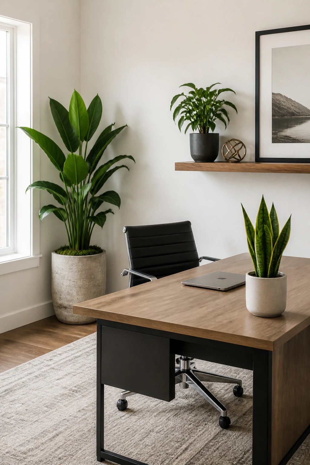 A polished small office space with strategically placed plants creating an intentional design, featuring a sleek modern desk with a thriving snake plant in a minimalist ceramic pot on one corner, a medium-sized potted plant on a floating shelf behind the desk, and a healthy green plant in a stylish planter on the floor in a corner, all arranged with purpose in a well-lit professional workspace with clean white walls, natural wood desk surface, and sophisticated decor elements that balance greenery with functionality, photographed in bright natural lighting showing the plants as vibrant focal points without overwhelming the space