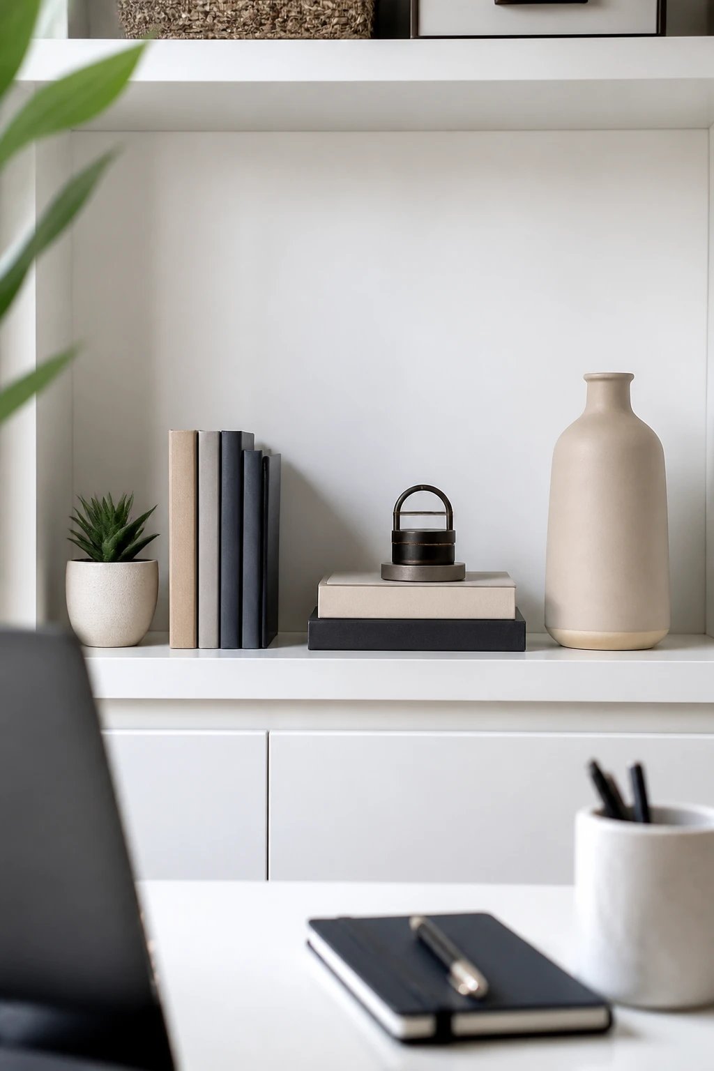 A professionally styled office shelf display showcasing the rule of three interior design principle, with three distinct groupings of decorative objects at varying heights including hardcover books arranged both vertically and horizontally, a small potted succulent plant, a modern ceramic vase, and minimalist desk accessories, with intentional negative space between groups, photographed in a bright modern small office setting with natural light, clean white shelving, and a polished sophisticated aesthetic, shallow depth of field, professional interior photography