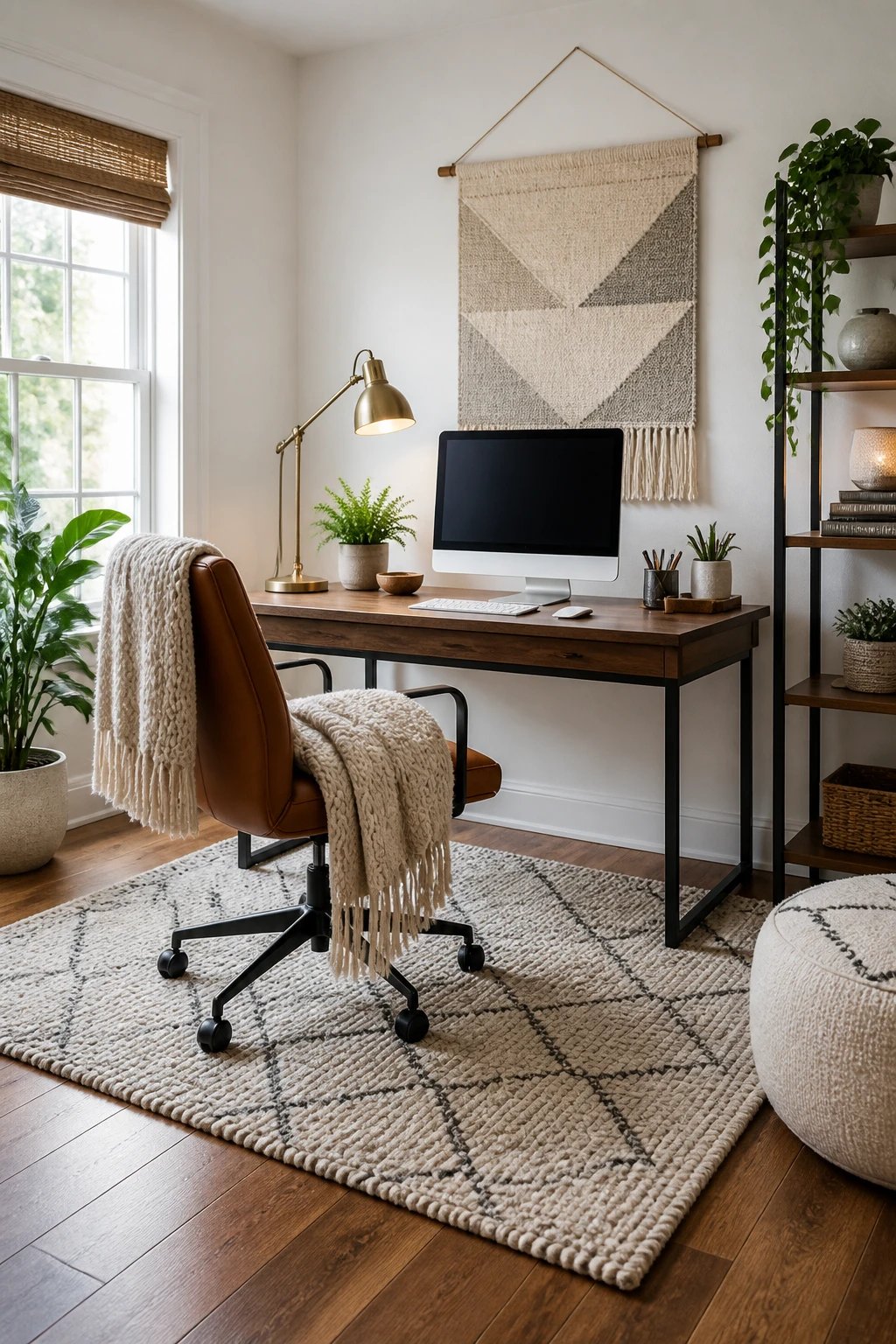 A bright, polished small home office featuring a comfortable desk chair with a cozy knitted throw blanket draped over it, a textured area rug underneath the desk defining the workspace, and a fabric wall hanging with subtle geometric patterns on the wall behind the monitor. The space has warm wood flooring, white painted walls, natural light from a window, and shows the contrast between hard surfaces and soft textiles, creating an inviting and professional atmosphere with visible texture in the fabrics.