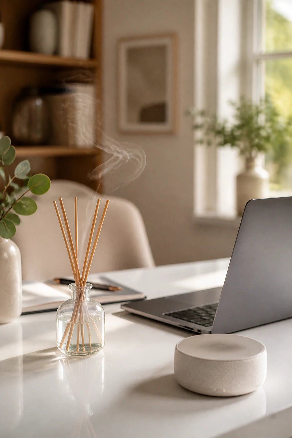 A polished small home office workspace photographed from a slight angle, featuring an elegant reed diffuser with natural wooden sticks in a minimalist glass bottle placed on a clean white desk next to a sleek laptop, with a small modern white noise machine or portable speaker visible, soft natural light streaming through a window in the background, warm and inviting atmosphere with subtle wisps suggesting gentle fragrance in the air, professional interior design photography style, shallow depth of field, muted earth tones and creamy whites, calming and sophisticated ambiance