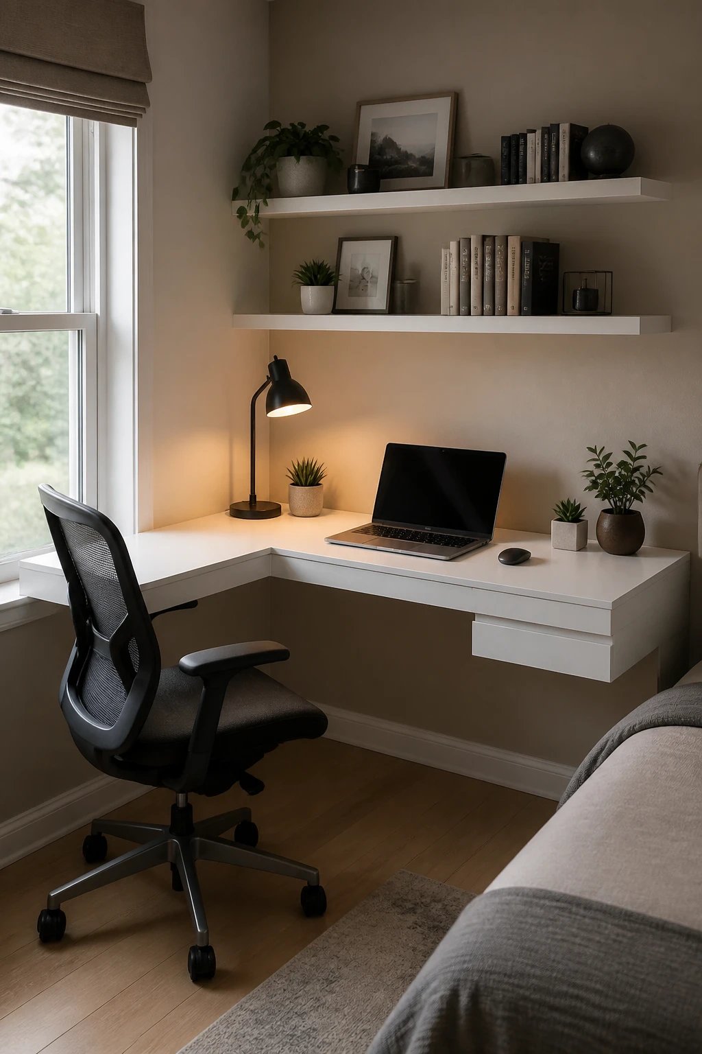 A cozy corner home office setup featuring a modern white floating L-shaped desk positioned in the corner where two walls meet, with a comfortable ergonomic chair, a sleek laptop open on the desk surface, small potted succulent plants, wall-mounted shelves above displaying organized books and decorative items, soft natural lighting from a nearby window, warm neutral wall colors, and a small desk lamp providing ambient glow, photographed from a three-quarter angle to show both walls and the efficient use of corner space in a bedroom or living room setting, realistic interior photography style with depth of field