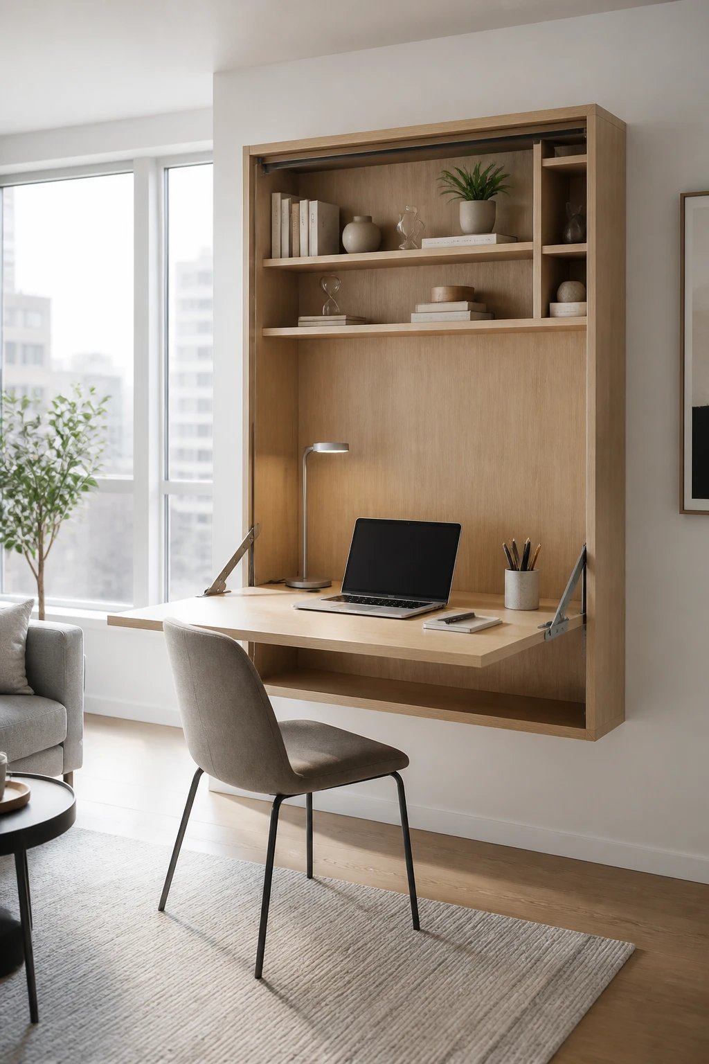 A modern Murphy desk in action, showing a sleek wall-mounted fold-down desk in natural light wood finish, pulled down in the working position with a laptop, small desk lamp, and minimal office supplies on top, mounted against a clean white wall in a small contemporary apartment living space, with storage shelves integrated into the wall unit, showcasing the space-saving design, photographed from a slight angle to show both the desk surface and wall mounting mechanism, soft natural lighting from a nearby window, realistic home interior photography style, high-quality architectural detail
