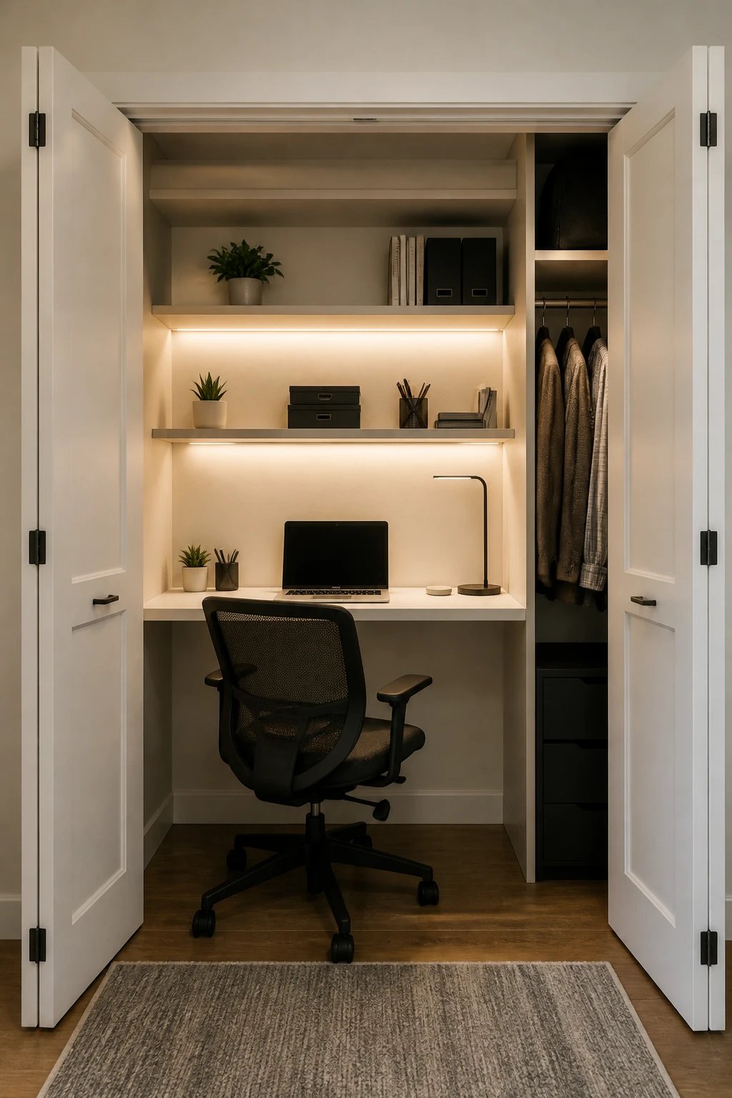 A realistic photograph of a converted closet home office space with the closet doors opened to reveal a compact workspace inside, featuring a narrow white desk or countertop mounted between the closet walls, a comfortable office chair tucked underneath, floating shelves above the desk holding office supplies and small plants, warm LED lighting illuminating the workspace, a laptop and minimal desk accessories on the surface, and clothing rod visible on one side showing this was formerly a clothes closet, shot from a front-facing angle showing the cozy yet functional workspace with neutral walls and organized aesthetic