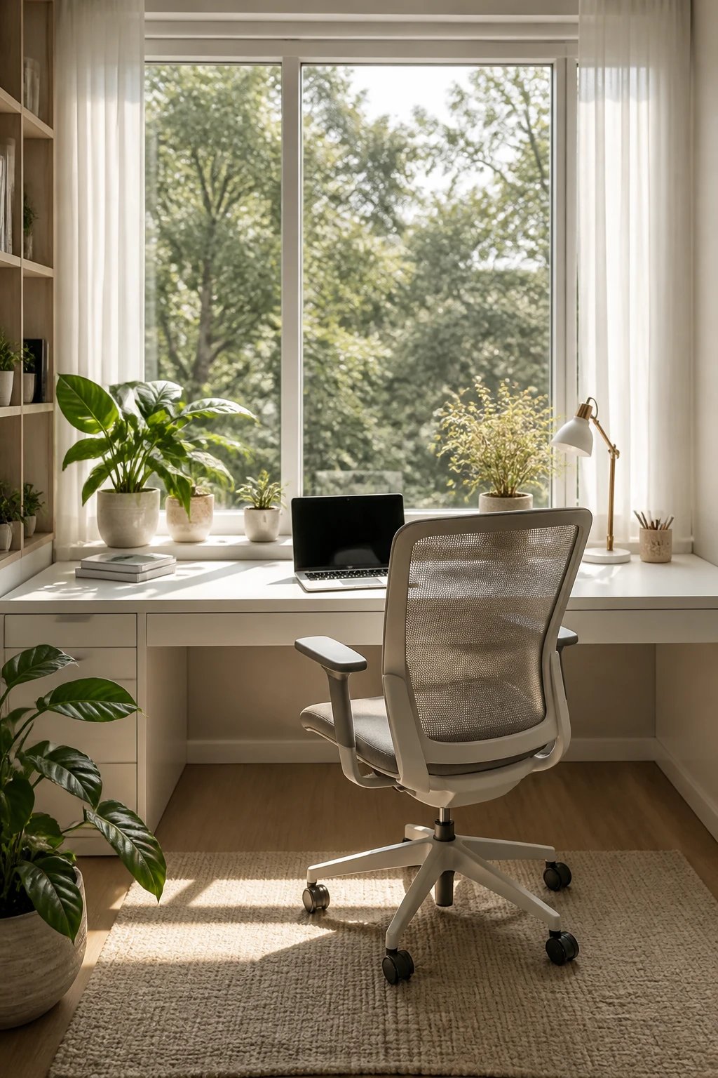 A modern home office workspace built into a bright window nook, featuring a sleek white custom desk spanning the full width of a large window with natural sunlight streaming in, a comfortable ergonomic office chair, laptop and minimal desk accessories on the surface, potted plants on the windowsill, sheer white curtains framing the window, view of greenery or trees visible through the glass, warm natural lighting illuminating the workspace, clean Scandinavian-style design, professional interior photography, high-quality realistic photo