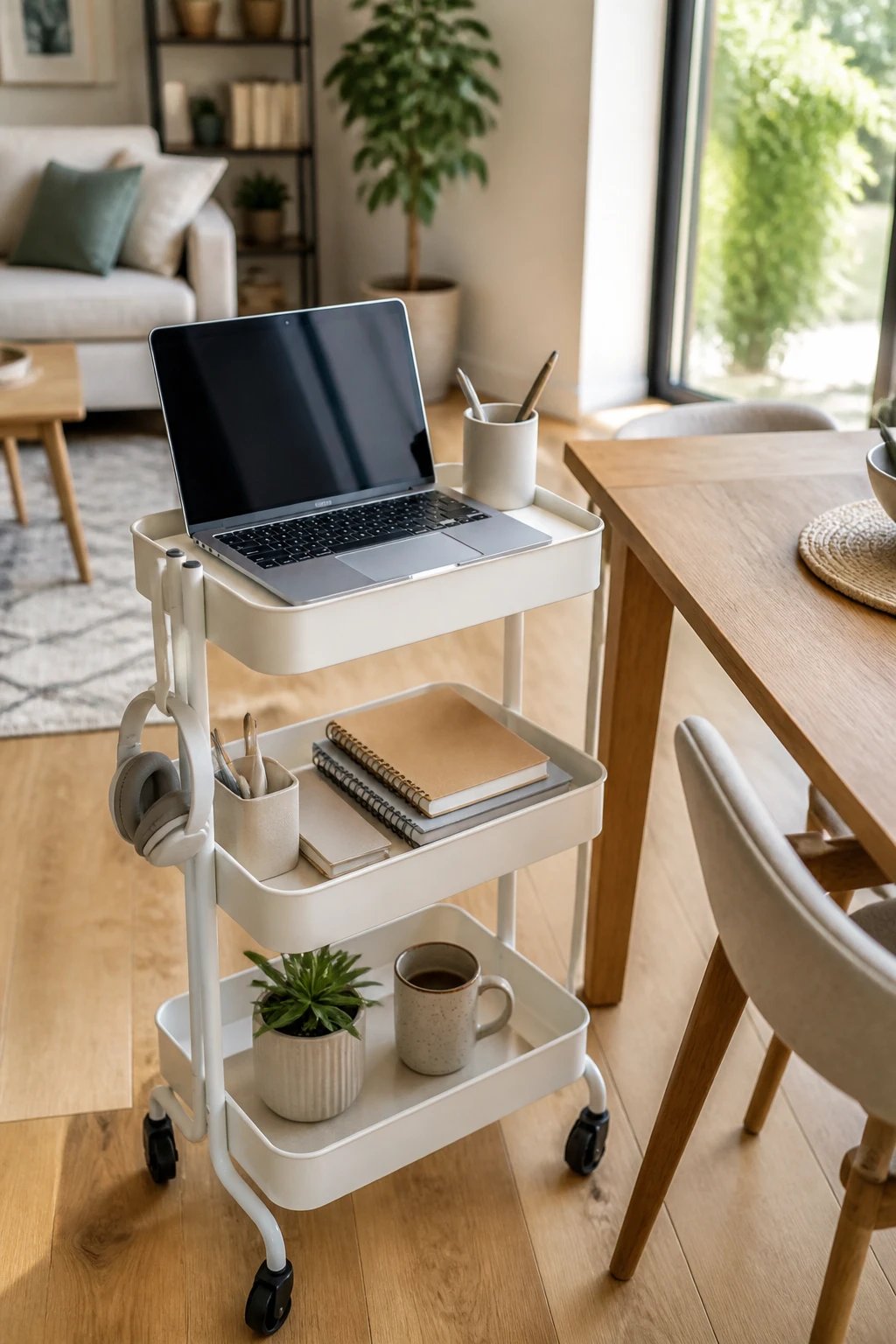 A bright, modern home interior showing a stylish three-tier rolling metal cart being used as a mobile office workstation positioned next to a dining table near a large window with natural daylight streaming in. The cart holds a sleek laptop on the top tier, organized office supplies and notebooks on the middle tier, and a small potted succulent and coffee mug on the bottom tier. The cart has smooth-rolling wheels and a contemporary minimalist design in white or light wood tone. The background shows a cozy living space with clean lines, emphasizing the flexibility and mobility of the workspace setup. The scene is photographed from a slightly elevated angle in warm, natural lighting with a shallow depth of field, creating an inviting and practical work-from-home atmosphere.