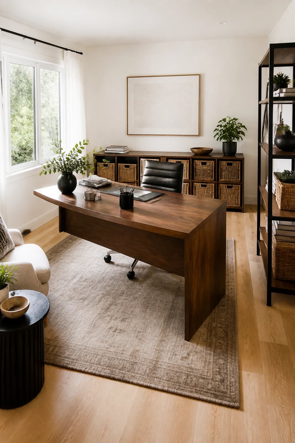 A bright, modern small home office with a sleek wooden desk floating in the center of the room at a slight angle, positioned away from the white walls. Behind the desk is a low credenza with organized storage baskets and a small plant. The floating desk setup creates distinct functional zones in the compact space, with natural light streaming through a nearby window. The room features light hardwood floors, minimalist decor, and demonstrates how the angled desk placement makes the small office feel more spacious and intentional. Professional interior photography style, shot from a corner angle to show the full room layout and zoning effect.