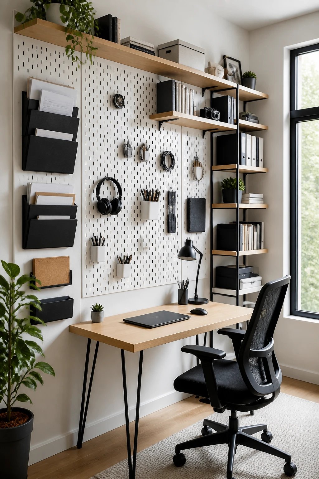 A modern small home office with extensive vertical wall-mounted storage solutions, featuring a clean white pegboard wall displaying organized office supplies, headphones, and tools, multiple floating wooden shelves at varying heights holding books and decorative items, a wall-mounted file organizer system, and a compact desk below with minimal items on its surface, bright natural lighting streaming through a nearby window, contemporary minimalist aesthetic with a neutral color palette of whites, light woods, and black accents, shot from a slight angle to showcase the full vertical storage system from floor to ceiling, professional interior photography style with sharp focus and depth