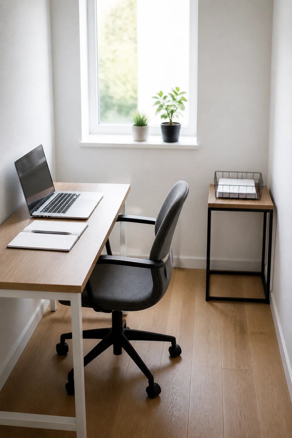 A clean, minimalist small home office photographed from a corner angle showing three distinct surfaces with single, intentional purposes: a compact desk with only an open laptop and one active notebook, a small side table holding a simple wire filing inbox with a few papers, and a narrow windowsill displaying two small potted plants. The space is approximately 50 square feet with white walls, natural light streaming through the window, light wood flooring, and demonstrates pristine organization with absolutely no clutter. The photograph has a bright, airy aesthetic with professional interior design photography lighting, shallow depth of field, and shows how every surface has exactly one dedicated function in a deliberately curated workspace.