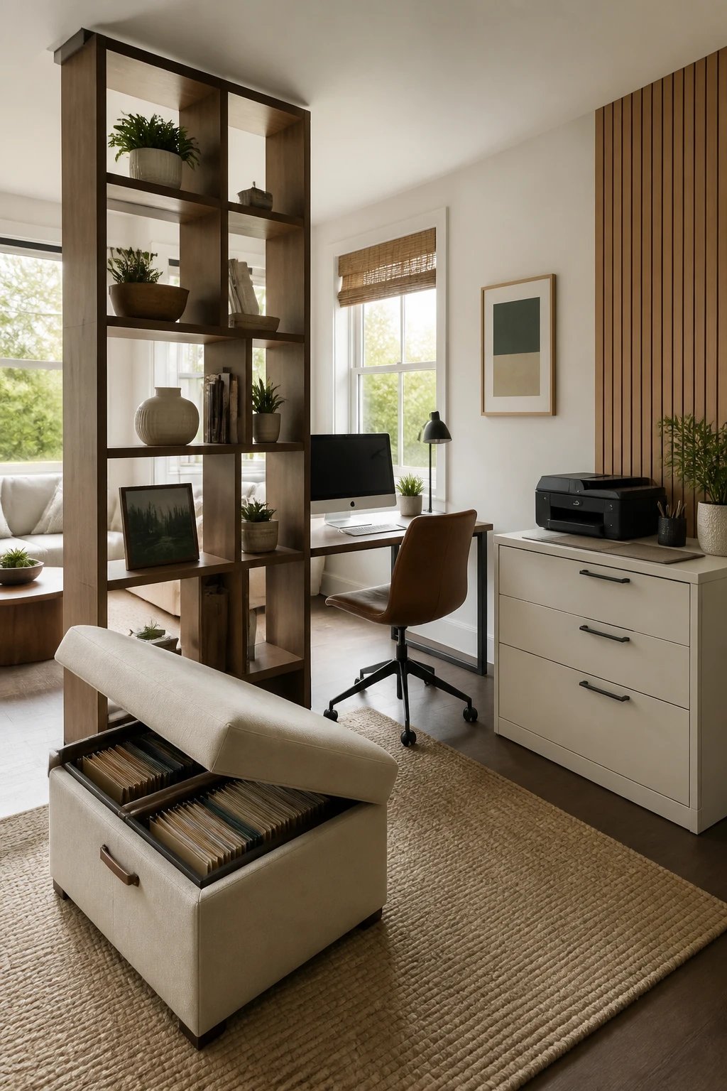 A modern small home office featuring multi-functional furniture pieces including a sleek storage ottoman doubling as seating with visible file folders inside its open compartment, a tall bookshelf acting as a room divider with items displayed on both sides, and a stylish filing cabinet with a printer and office supplies on its flat top surface being used as additional workspace, all arranged in a compact but thoughtfully designed space with natural lighting, clean lines, and a cohesive color palette of whites, warm woods, and muted tones, photographed from a corner angle to show the efficient use of every piece