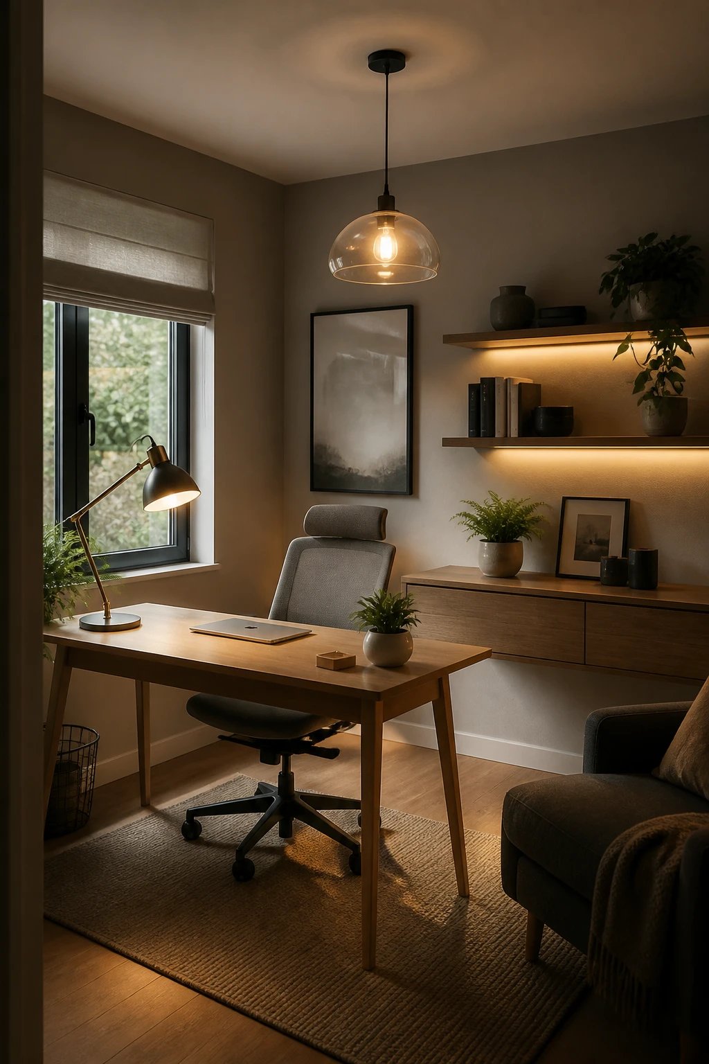 A well-designed small home office showcasing strategic lighting zones with three distinct layers: a warm adjustable brass desk lamp illuminating a minimalist workspace, soft ambient pendant lighting overhead creating a gentle glow, and subtle accent lighting highlighting a floating shelf with plants and books against the wall. The compact room features a light-colored wooden desk positioned near a window, an ergonomic chair, and neutral walls. The different lighting sources create visible pools of light that define separate functional areas within the single room, demonstrating how layered lighting adds depth and dimension to a small office space. Professional interior photography, natural color palette, afternoon natural light mixing with artificial lighting, sharp focus, architectural digest style.