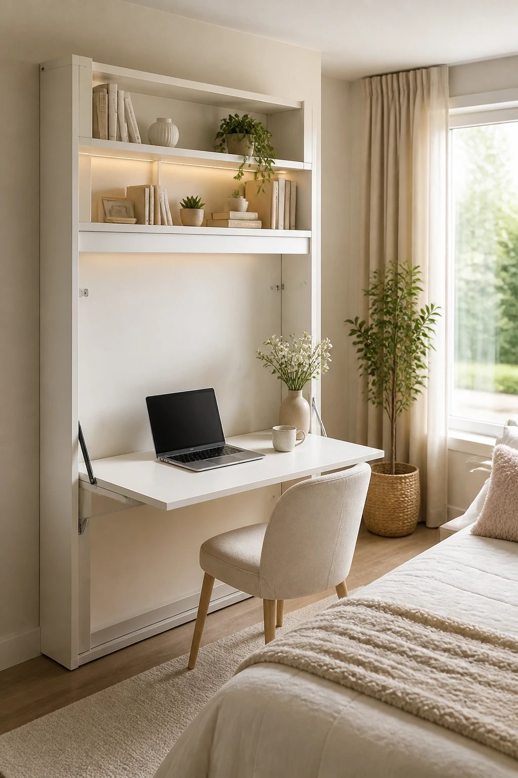 A modern small bedroom with a sleek wall-mounted fold-down Murphy desk in the open position, showing a minimalist white workspace with a laptop and coffee cup, accompanied by floating shelves above displaying books and small plants, natural lighting streaming through a nearby window, styled in a feminine contemporary aesthetic with soft neutral tones of white, beige and light wood, photographed from a three-quarter angle to show both the functional desk setup and the cozy bedroom environment with part of a neatly made bed visible in the frame, professional interior design photography style with shallow depth of field