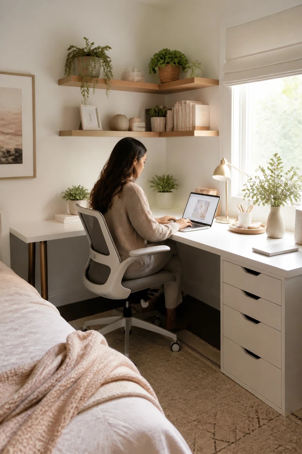 A professional home office setup in a bedroom corner featuring an L-shaped white desk with a laptop, minimalist desk accessories, and a comfortable ergonomic chair where a woman is working, warm natural light streaming through a nearby window, floating wall-mounted shelves above the desk displaying books and small plants, soft neutral bedroom decor visible in the background, organized and inviting workspace maximizing the corner area, realistic photograph, bright and airy atmosphere, cozy yet productive feminine aesthetic