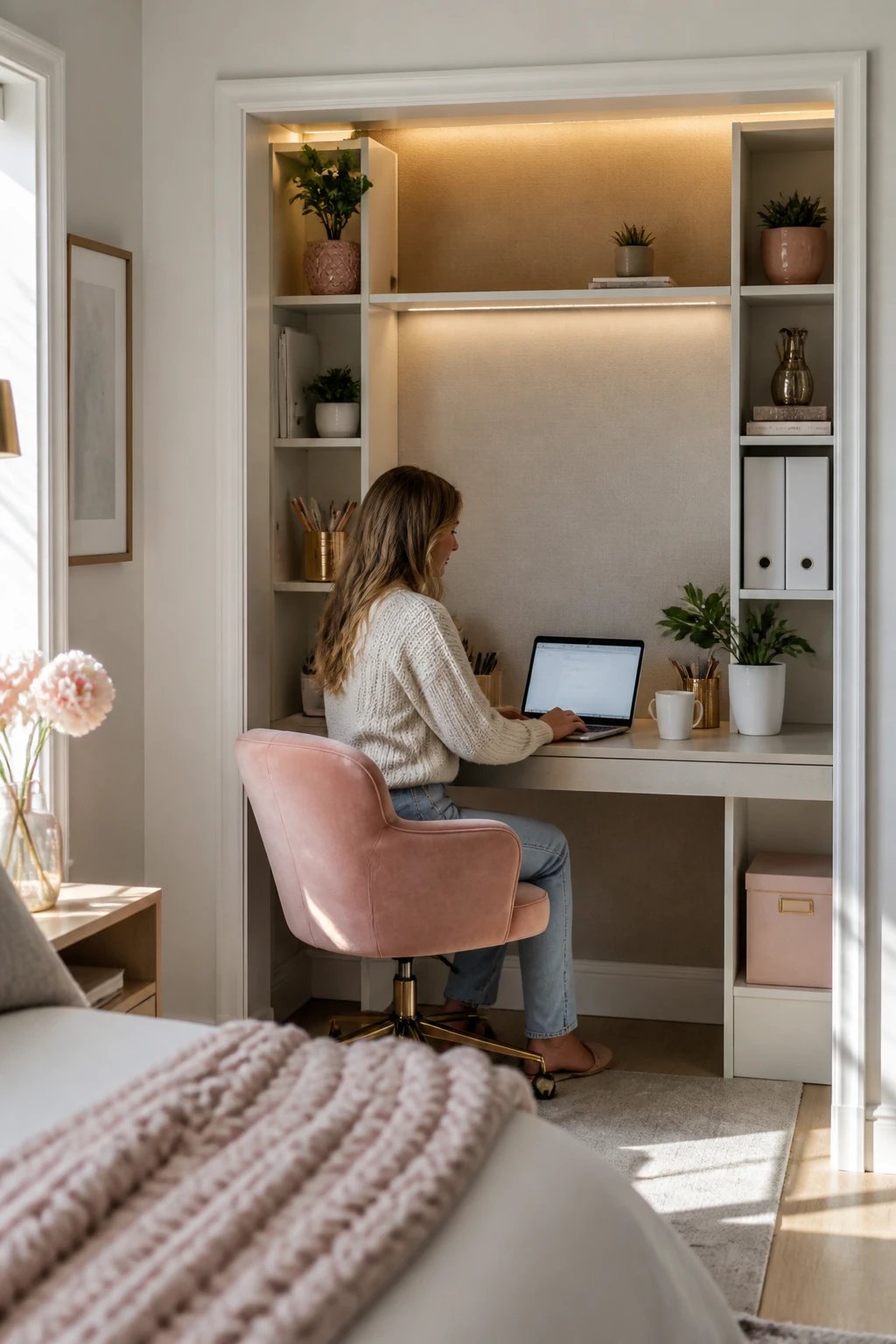 A sophisticated closet office conversion featuring a woman working at a compact floating desk installed inside a converted closet space, the closet doors removed to reveal a cozy workspace with white built-in shelving on both sides, a sleek narrow desk surface spanning the closet width, a comfortable cushioned desk chair, warm LED lighting mounted above, organized office supplies and small potted plants on the shelves, a laptop open on the desk, the woman dressed in casual work-from-home attire typing on her computer, natural daylight streaming in from the adjacent bedroom, soft neutral color palette with blush pink and gold accents, professional home office setup, photorealistic interior design photography, shallow depth of field, bright and airy atmosphere