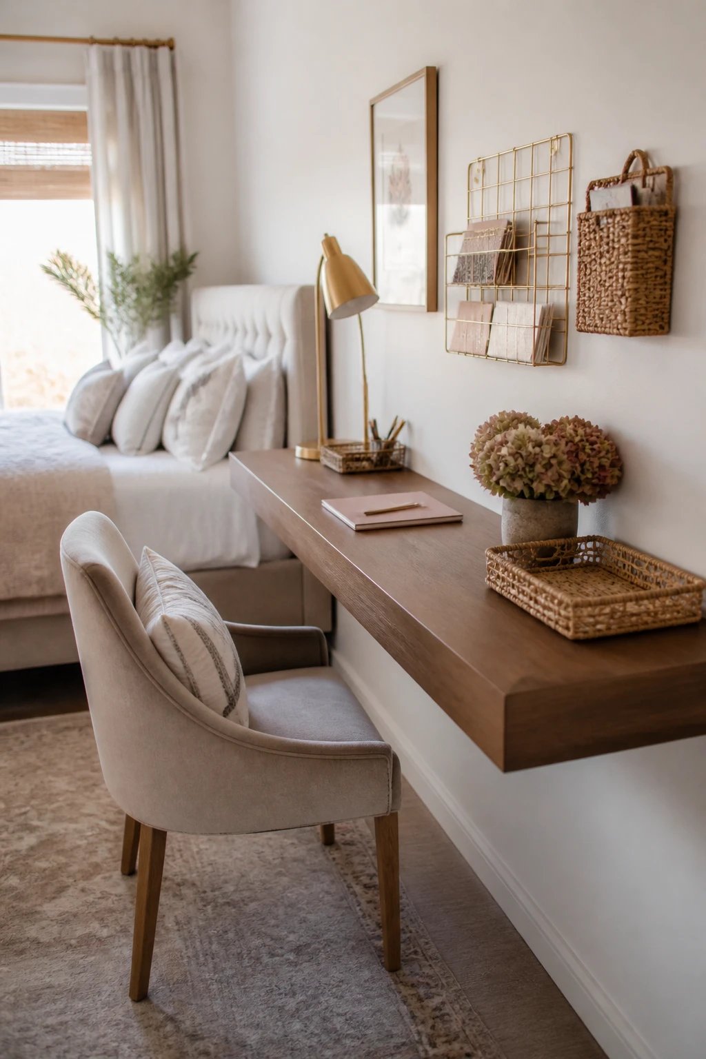 A sophisticated bedroom interior featuring a sleek floating wooden shelf desk mounted on a white wall, 16-20 inches deep, styled with decorative woven baskets, a modern gold desk lamp, and minimal office supplies that blend seamlessly with bedroom decor, wall-mounted organizers above the desk, soft natural lighting from a nearby window, the workspace appearing elegant and decorative rather than office-like, feminine aesthetic with muted neutral tones, realistic photography, professional interior design photography, depth of field, cozy bedroom atmosphere in background