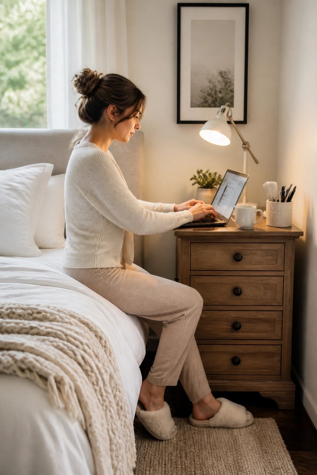 A bright, airy small bedroom with a woman sitting on the edge of her bed working on a laptop placed on an elegant oversized wooden nightstand that serves as a dual-purpose workspace. The nightstand is approximately 24 inches wide with multiple drawers, positioned between the bed and wall. The nightstand holds a small desk lamp, a coffee mug, and organized office supplies in a chic container. The woman, dressed in comfortable yet professional loungewear, is focused on her laptop screen. The bedroom features soft natural lighting from a nearby window, white bedding, and minimalist décor. The scene captures an efficient micro-space solution with the nightstand clearly functioning as both bedside table and compact home office desk. Photorealistic style, magazine-quality interior photography, shallow depth of field, warm and inviting atmosphere.
