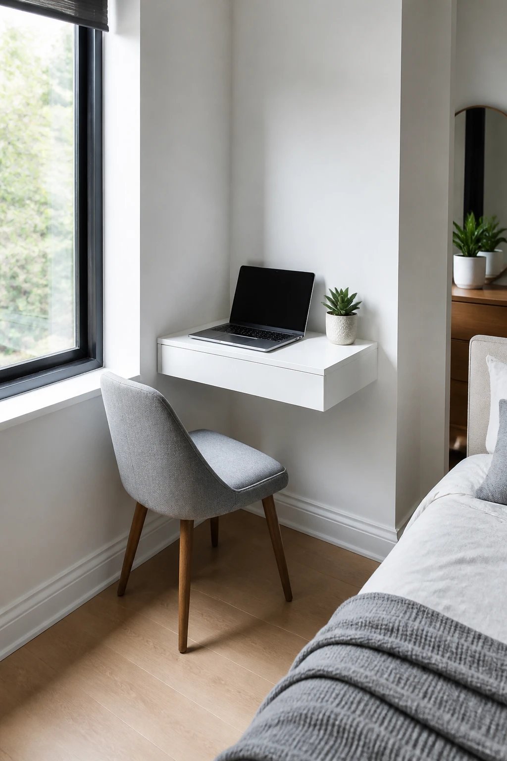 A realistic photograph of a small, modern bedroom corner featuring a sleek white floating desk mounted on the wall, approximately 30 inches wide, with a slim laptop and small potted succulent on top, the desk appearing to seamlessly blend into the white wall, minimal floor space used, natural daylight streaming from a nearby window, clean and uncluttered aesthetic, contemporary bedroom furniture partially visible in the background, light wood flooring, the corner space efficiently utilized without overwhelming the room, professional interior design photography style, sharp focus, bright and airy atmosphere
