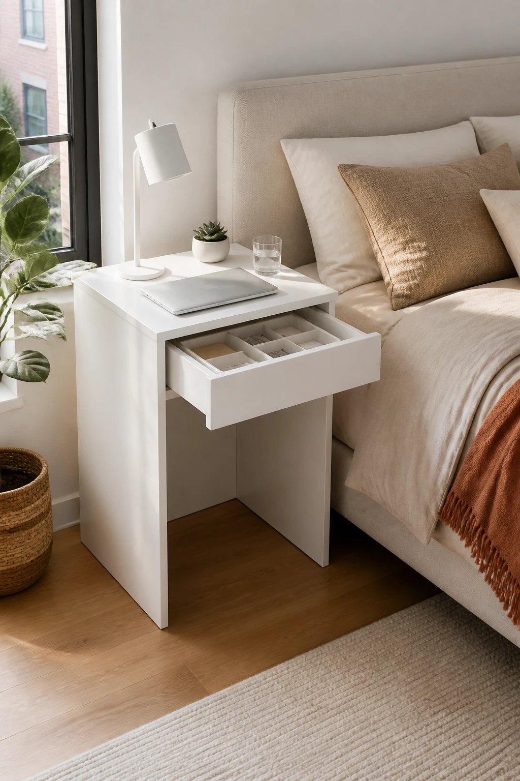 A modern minimalist bedroom featuring a compact white writing desk positioned directly beside a bed serving as both nightstand and workspace, 26 inches wide with clean lines, topped with a simple desk lamp, a closed laptop, a small potted succulent, and a glass of water, organized desk drawer slightly open showing compartment dividers, warm natural light streaming through nearby window, cozy bedding visible on the adjacent bed, contemporary Scandinavian-style interior design, photorealistic, high-quality interior photography