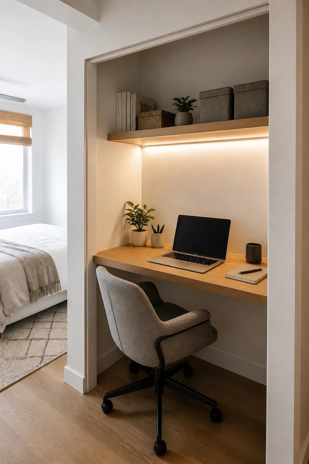 A realistic high-quality photograph of a converted closet office space in a small bedroom, featuring an open closet with doors removed, a floating wooden desk shelf fitted perfectly within the closet width, a comfortable office chair tucked underneath, LED strip lighting illuminating the workspace from above, a laptop and minimal office supplies on the desk, white closet walls creating natural boundaries, and a glimpse of the bedroom visible in the background, shot from a slightly angled perspective to show the depth and compact efficiency of the workspace, bright natural lighting, modern minimalist aesthetic, cozy and functional home office setup
